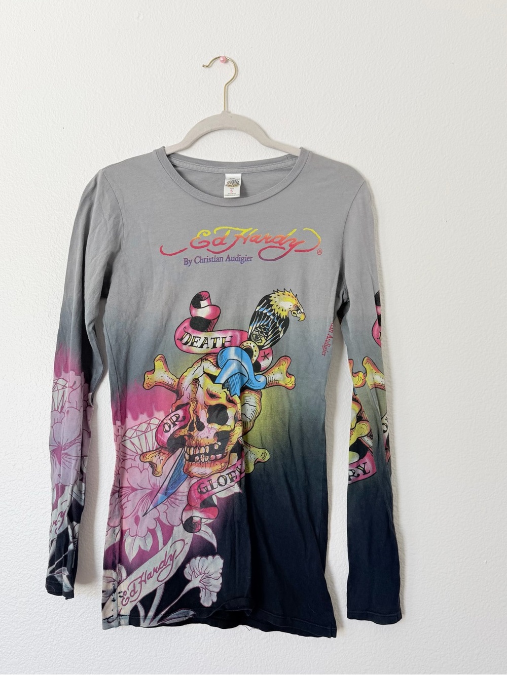 Y2K Ed Hardy Girls' Gray Ombre Skull Graphic Long Sleeve Top